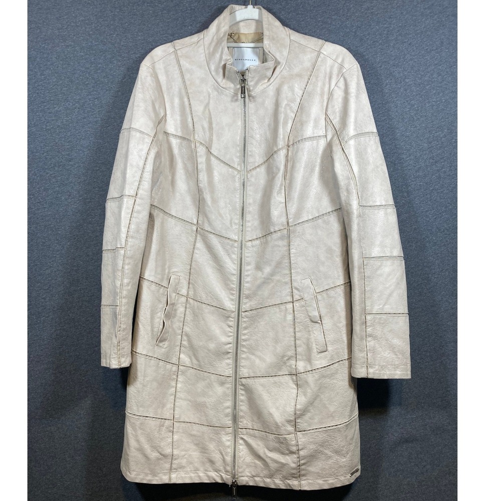 Rino & Pelle Cream Faux Leather Paneled Longline Jacket Mock Neck Zip Coat 42